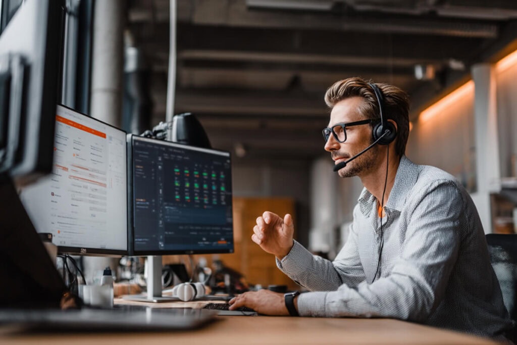 Support rep looking at monitor