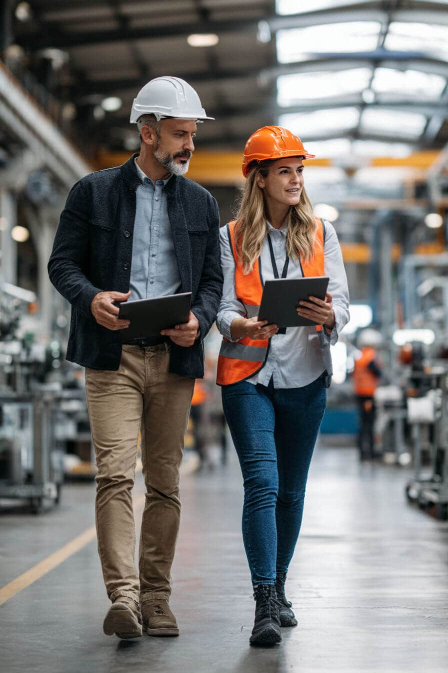Man and woman doing factory walkthrough