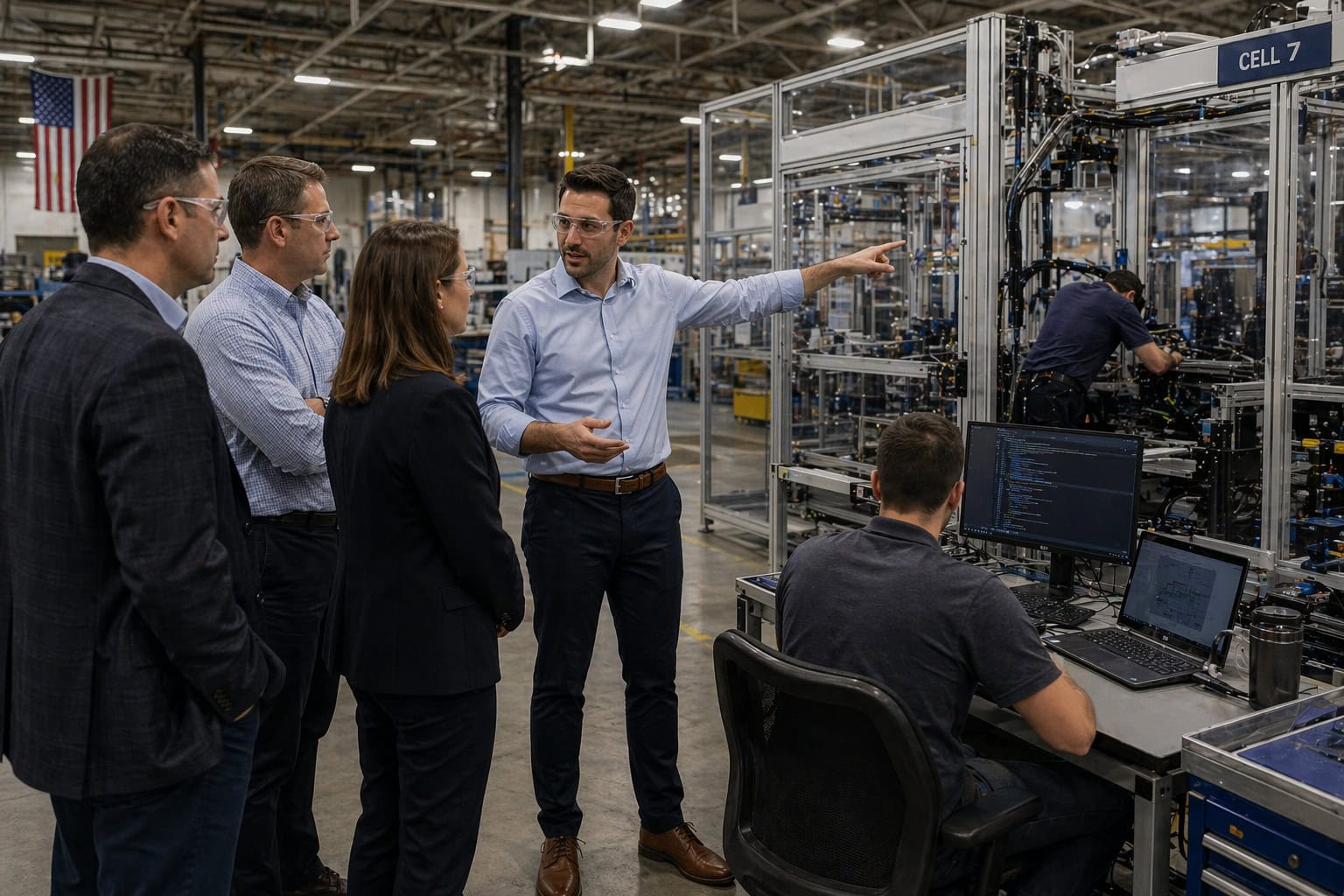 Industrial automation salesperson giving factory floor tour