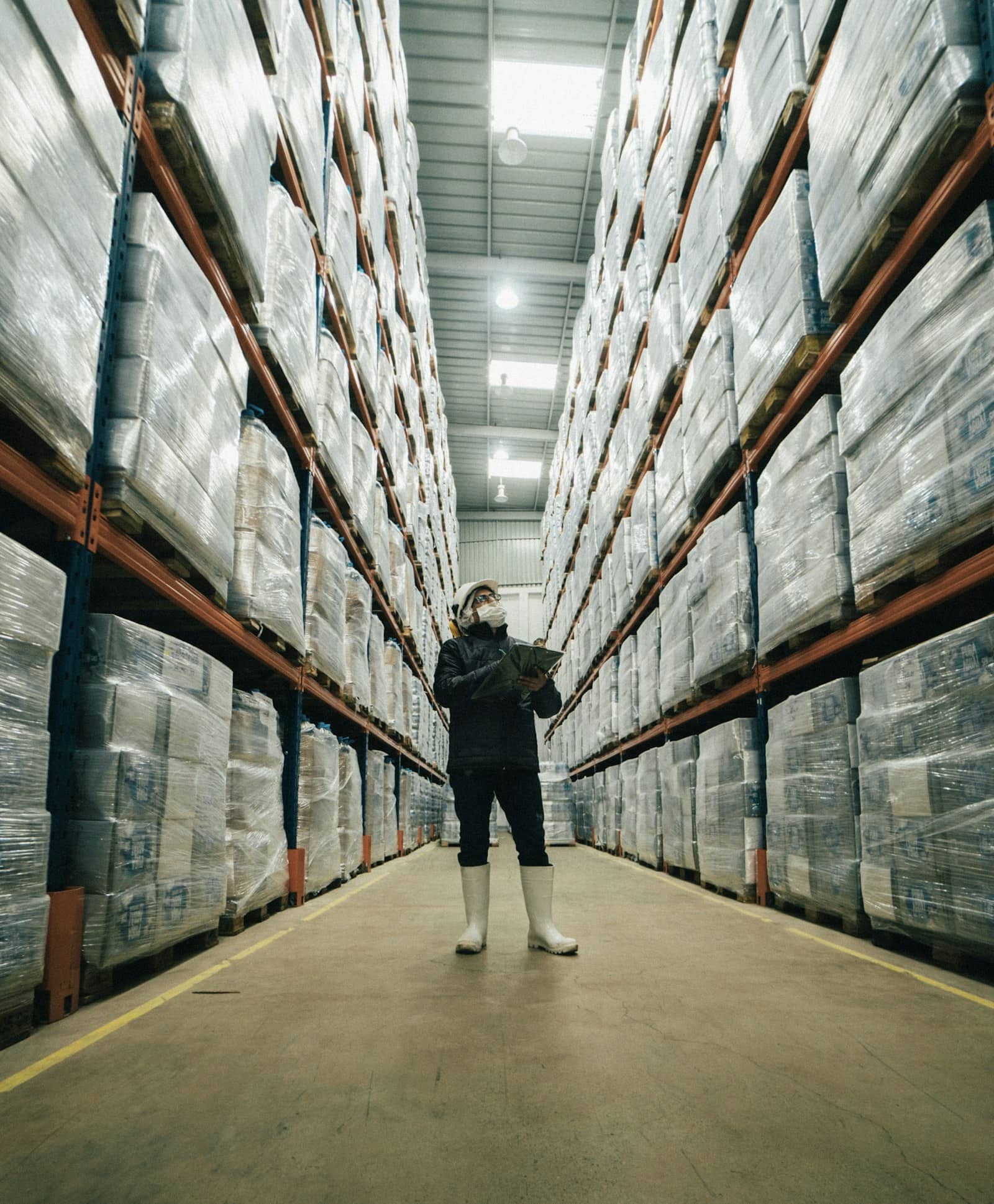 Warehouse worker walking a stocked aisle with a clipboard, tracking inventory by hand.